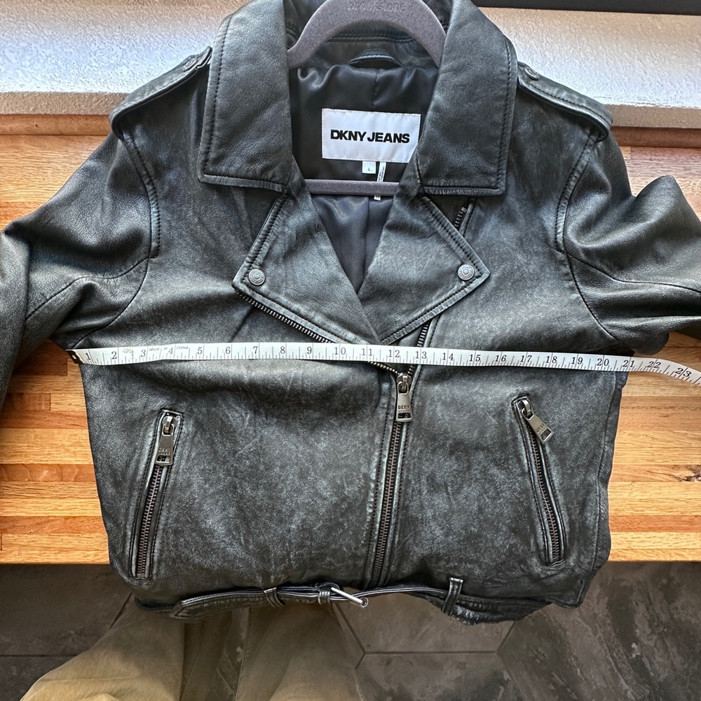 DKNY Jeans Charcoal Leather Moto Jacket - Picture 12 of 16